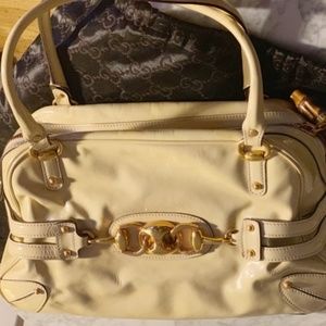 Gucci Ecru Patent Leather Boston, Bamboo Hardware